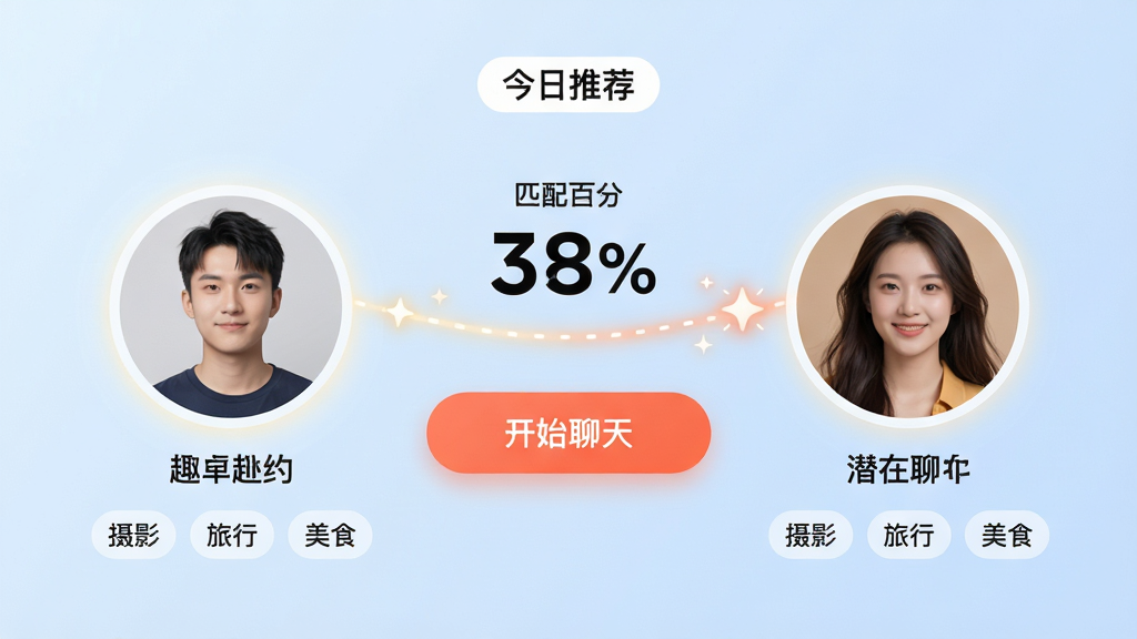 主体:趣赴约APP的匹配页面,两个圆形头像分别代表用户和潜在匹配对象,中间有闪光的连接线。布局:界面采用左右对称排版,头像置于两侧,中间为匹配百分比数字和“开始聊天”按钮。排版:简洁清晰,信息层次分明,顶部有“今日推荐”标签。风格:现代简约,背景为淡蓝色渐变,头像周围有柔和光晕。细节:头像下方显示共同兴趣标签,如“摄影”、“旅行”、“美食”,按钮为珊瑚橙高亮。画质:高清,干净,无多余元素。