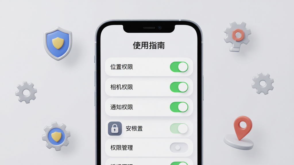主体:一部手机显示趣赴约使用指南页面,屏幕上有“安全提示”和“权限管理”图标。布局:手机竖向居中,背景为浅灰色,周围散落着几个小图标,如盾牌、齿轮、定位针。排版:手机屏幕内以列表形式展示设置选项,屏幕上方有“使用指南”标题。风格:写实3D渲染风格,光线柔和,细节丰富。细节:手机屏幕中可见“位置权限”、“相机权限”、“通知权限”等开关条目,其中“位置权限”为绿色开启状态。画质:高清,干净,无多余元素。