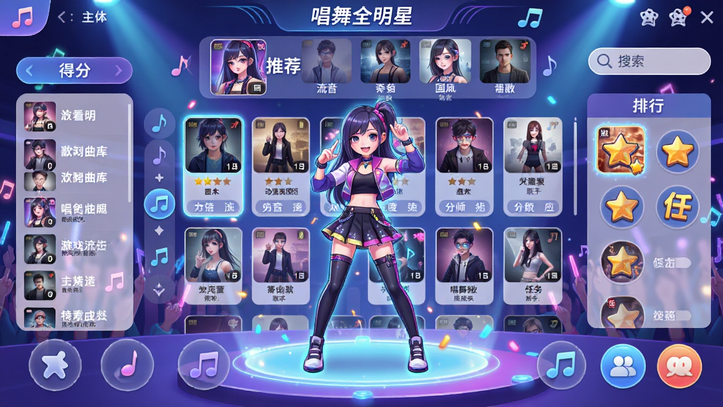 主体:唱舞全明星游戏主界面,展示绚丽舞台与角色舞蹈动作,背景为霓虹灯光与粉丝应援。布局:画面中央为角色全身像,左侧为歌曲列表与得分面板,右侧为任务图标与社交按钮,下方为操作按键。排版:界面信息层级分明,图标圆润,文字清晰,整体呈对称构图。风格:二次元卡通渲染,色彩明快,光效华丽,符合音乐舞蹈手游的动感气质。细节:角色衣着时尚,表情生动,舞台粒子特效丰富,UI边框带有音符装饰。画质:8K超清,细腻光影,干净无多余元素。】</p>
<h3>核心特色</h3>
<h4>海量正版曲库</h4>
<p>游戏收录了超过千首国内外正版授权歌曲,涵盖流行、电音、国风、动漫等多元风格,且每周持续更新热门新曲。玩家可根据喜好自由选择难度,从入门到大师级挑战,配合精准的谱面设计,带来爽快打击感与连击成就感。</p>
[[IMG:主体:唱舞全明星歌曲选择界面,展示多张专辑封面与滚动曲目列表。布局:上方为轮播推荐位,中间为曲目卡片网格,左侧为分类筛选栏,右侧为搜索框与排行按钮。排版:卡片排列整齐,封面图大小统一,歌名与歌手文字清晰。风格:时尚简约,背景为渐变蓝紫色,音符飘动点缀。细节:每张封面带有难度星级与分数预览,当前选中歌曲有高亮光效。画质:高清渲染,色彩饱和,干净无多余元素。