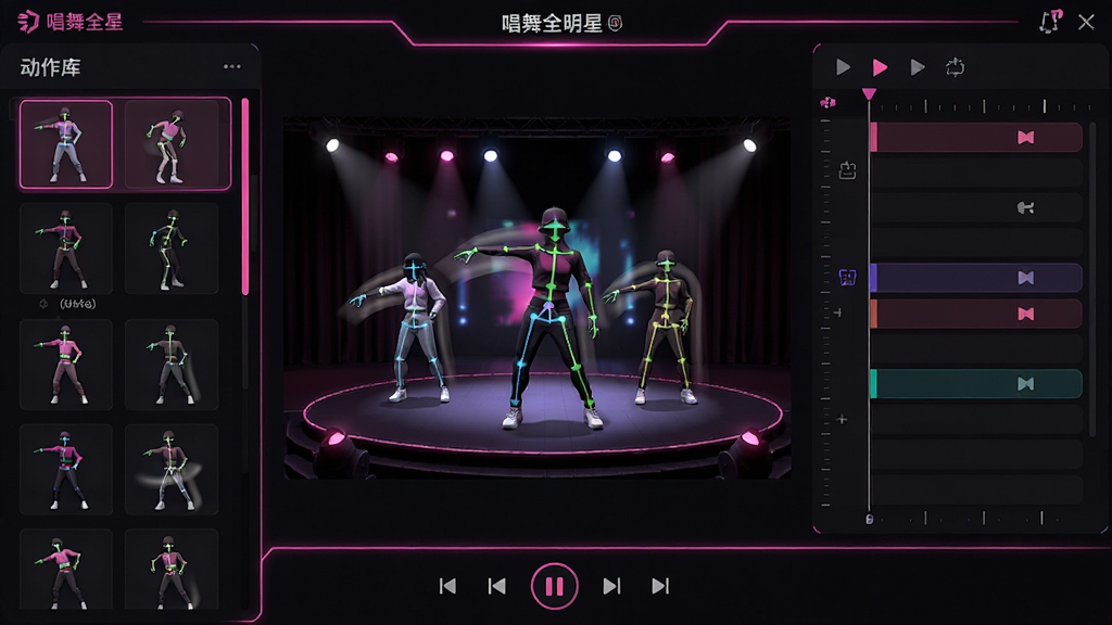 主体:唱舞全明星舞蹈编辑界面,展示角色在舞台上预览动作。布局:左侧为动作库列表,右侧为时间轴编辑轨道,中央为3D舞台预览窗口,底部为播放控制栏。排版:分栏明确,拖拽图标清晰,时间轴刻度均匀。风格:科技感深色背景,辅以粉色霓虹线条,界面简洁专业。细节:角色骨骼绑定可视化,动作拖拽有轨迹残影,舞台灯光跟随节拍闪烁。画质:实时渲染,高帧率,干净无多余元素。
