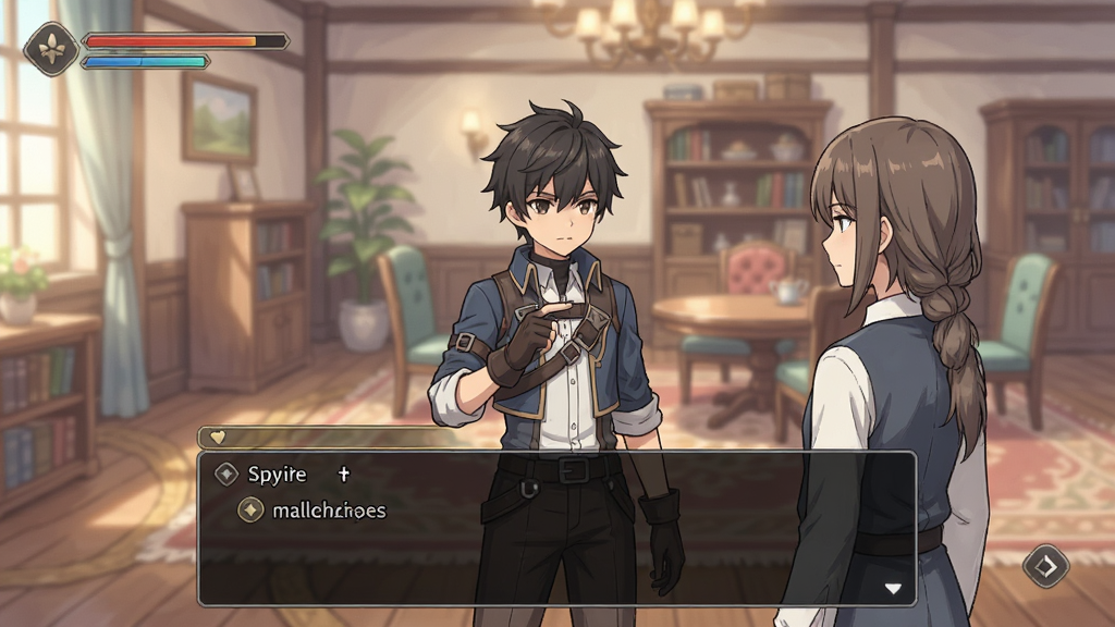 游戏实机演示截图,展示主角在调查场景中与角色对话,界面底部显示对话选项框,背景为精致的室内场景,画面风格为二次元手绘风,色彩柔和,人物立绘生动,UI布局合理,画质清晰,干净无多余元素。