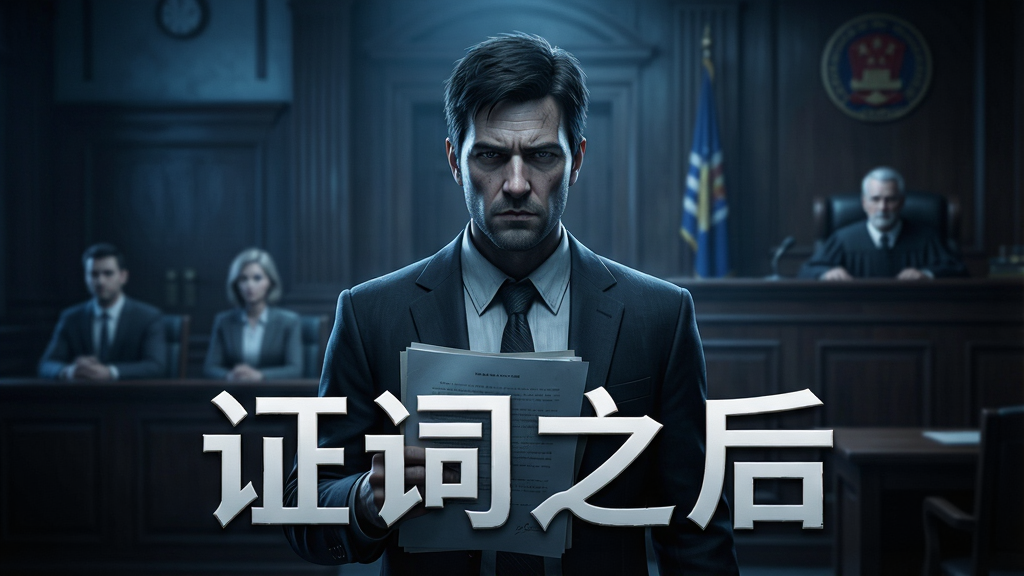 游戏主视觉图,画面中央是主角律师在昏暗的法庭中手持一份文件,背景是模糊的证人席与法官席,整体色调偏冷蓝与暗影灰,营造出紧张悬疑的氛围,画面采用电影级构图,光影对比强烈,细节丰富,画质高清干净,无多余元素,画面中浮现游戏标题“证词之后”。