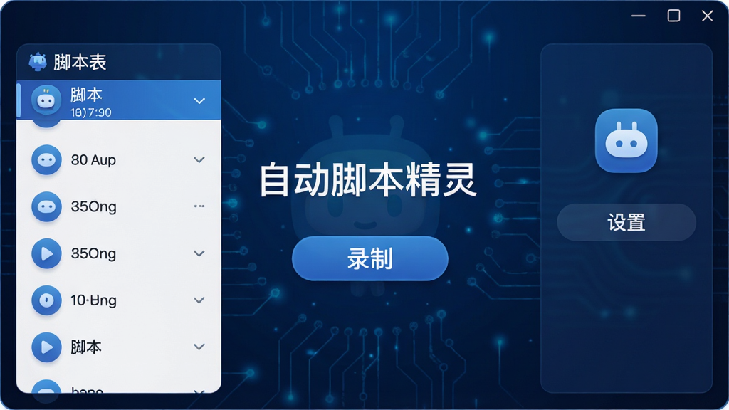 自动脚本精灵的主界面截图,显示功能模块布局,包含脚本列表、录制按钮和设置入口,背景为深蓝色科技感风格,界面简洁清晰,图标圆润,文字标签“自动脚本精灵”居中显示,整体画质高清,无多余元素