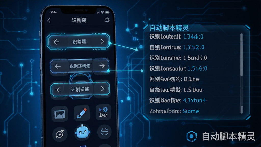 自动脚本精灵UI识别示意图,屏幕上有多个控件被高亮框选,旁边显示识别到的控件属性信息,背景为手机操作界面,科技感蓝色调,突出智能识别功能,画质清晰,包含“自动脚本精灵”水印
