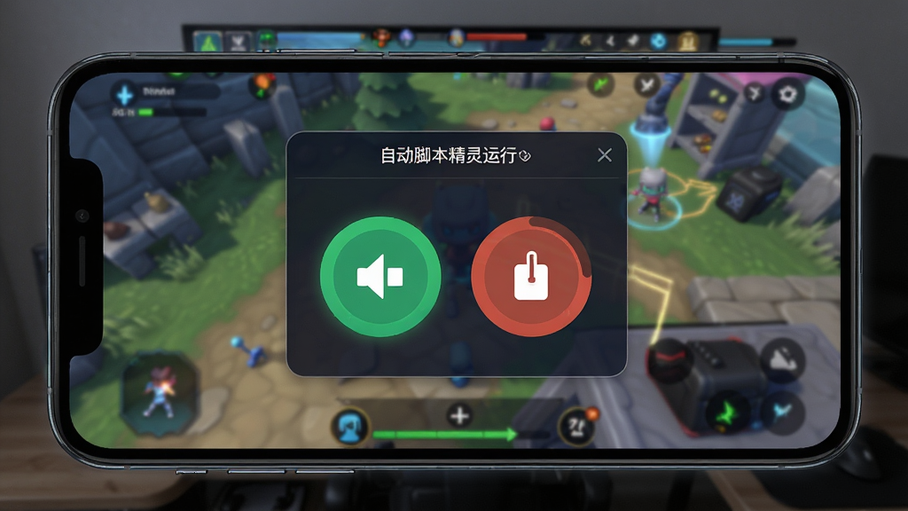 自动脚本精灵运行界面,手机屏幕上悬浮着脚本控制面板,包含运行/停止按钮,背景为游戏画面,展示自动化操作效果,画质高清,无多余元素