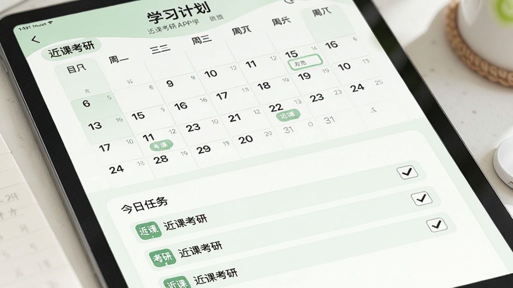 主体:近课考研APP学习计划页面,显示日历和任务清单。布局:平板竖屏,上方是月历,下方是今日任务列表。排版:日历格清晰,任务条带复选框。风格:清新淡雅,绿色点缀。细节:任务条上有“近课考研”小图标,完成项打勾。画质:柔和干净,无多余元素