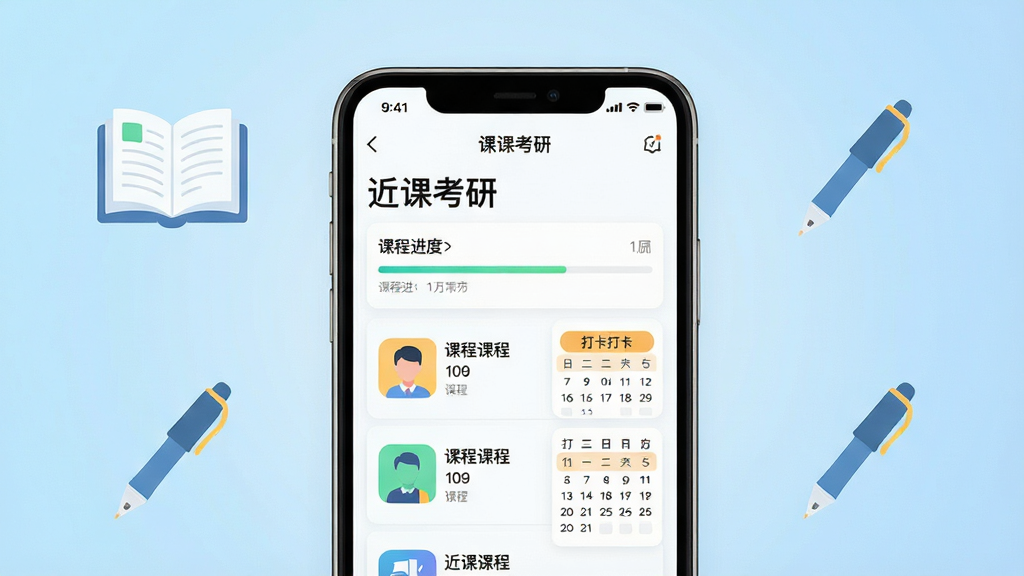 主体:近课考研APP界面展示,手机屏幕上有“近课考研”字样和课程列表。布局:手机居中,背景为浅蓝色渐变,周围有书本和笔的图标。排版:简洁清晰,界面图标整齐排列。风格:现代扁平化设计,色彩明快。细节:屏幕内显示课程进度条和打卡日历。画质:高清渲染,干净无多余元素