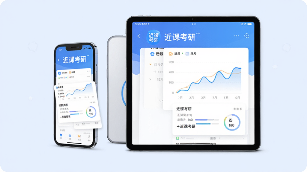 主体:近课考研APP在手机和平板上运行效果。布局:手机和平板并排,屏幕显示学习界面。排版:设备整齐排列,背景为淡蓝色。风格:科技感,简洁。细节:屏幕上有“近课考研”字样和进度图表。画质:高清,干净无多余元素