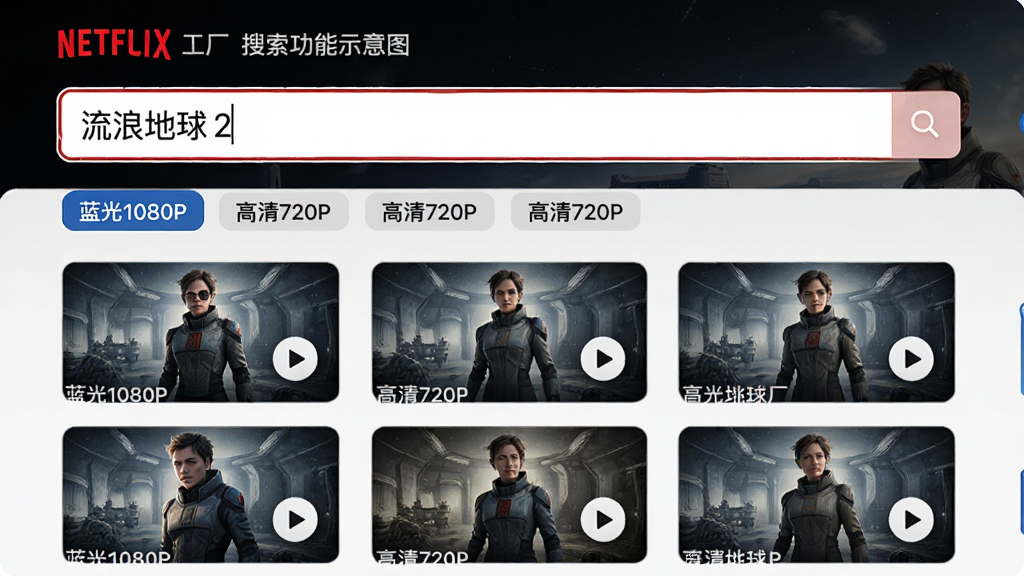 奈飞工厂搜索功能示意图,界面显示输入框输入