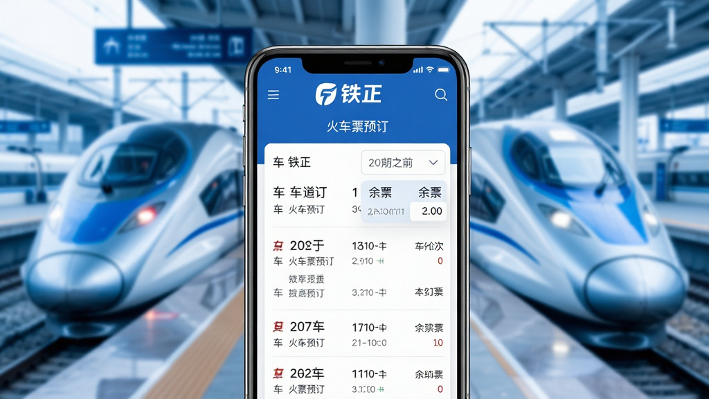 画面主体为智能手机屏幕特写,屏幕中清晰显示“铁正”APP的购票主界面,上方有“铁正”品牌标识和“火车票预订”字样,界面布局简洁,车次列表、日期选择、余票数量等元素排列有序。背景为虚化的火车站台与和谐号动车组,整体色调以蓝色和白色为主,突出科技感与信赖感。排版采用居中构图,风格写实且明亮,细节丰富,画质高清,干净无多余元素。