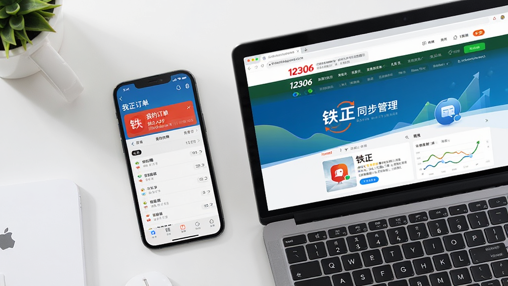 一张智能手机与笔记本电脑并排摆放的俯拍图,手机屏幕显示铁正APP的“我的订单”页面,电脑屏幕显示12306官网首页。整体风格为现代办公桌面,光线明亮柔和,布局均衡,强调跨平台操作的便捷性。画面干净,细节清晰,突出“铁正”品牌名称与“同步管理”字样。