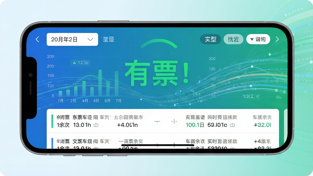 手机横屏展示铁正APP的余票监控功能页面,屏幕中央用大号字体显示“有票!”绿色提示,下方列出多趟车次的实时余票数字,背景为动态数据流线条。整体布局以数据可视化图表为主,风格现代简约,蓝绿渐变色调,强调实时与高效。细节包括日期选择器、车次类型筛选标签,画质清晰,无多余装饰。