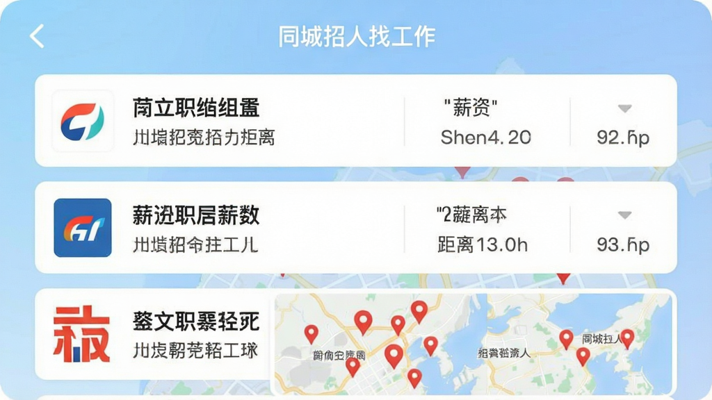一张手机应用截图,显示“同城招人找工作”的附近职位列表,每一条职位卡片左侧有公司logo,右侧显示职位名称、薪资和距离,底部有地图缩略图,地图上用红色图钉标记多个职位地点,背景为淡蓝色渐变,整体排版整齐,风格清爽,画质干净,无多余元素