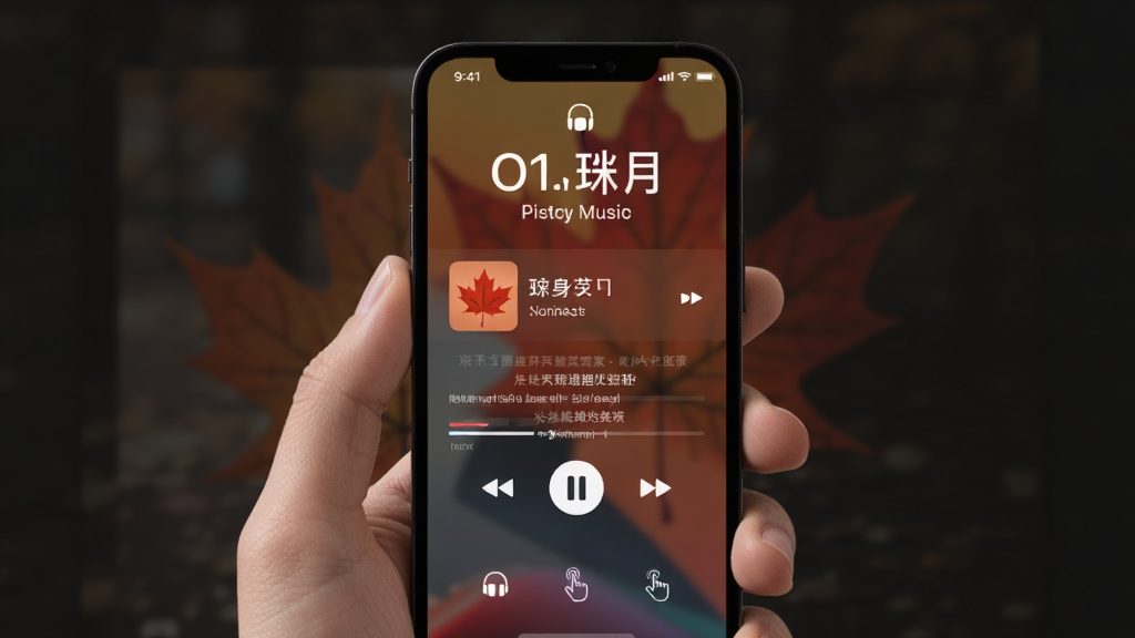 主体:一只手握着手机,屏幕显示枫叶音乐的锁屏播放界面,背景为模糊的专辑封面。布局:手机屏幕居中,锁屏界面显示歌曲信息、进度条和播放按钮。排版:歌曲名和歌手清晰,有歌词滚动。风格:简约时尚,暗色背景。细节:有耳机图标和手势提示。画质:高清,干净,无多余元素。