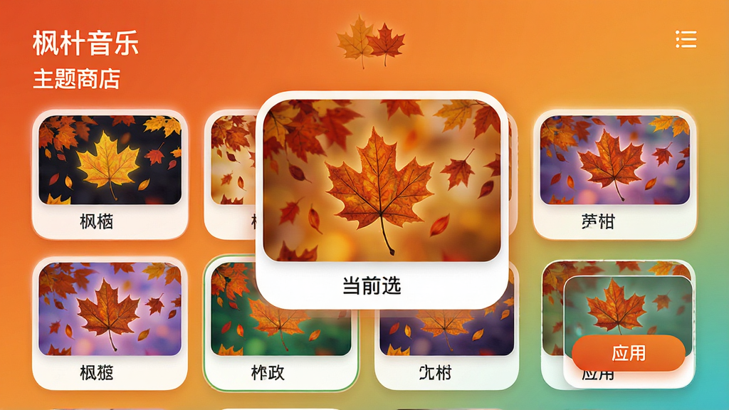 主体:枫叶音乐应用的主题设置页面,展示多种皮肤缩略图,背景为纯色渐变。布局:皮肤缩略图网格排列,当前选中皮肤放大展示。排版:有“主题商店”字样,每个皮肤下方标注名称。风格:时尚多彩,圆角卡片设计。细节:可预览效果,有“应用”按钮。画质:高清,干净,无多余元素。
