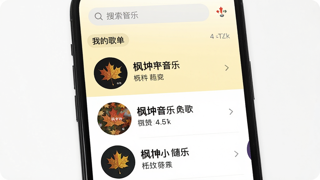 主体:手机屏幕展示枫叶音乐的歌曲列表界面,左侧为歌曲封面缩略图,右侧为歌名和歌手,顶部有搜索栏。布局:列表纵向排列,清晰有序。排版:封面图圆形,歌名加粗,背景为淡黄色。风格:简洁列表风格,白色背景。细节:有“我的歌单”标签,播放计数。画质:高清,干净,无多余元素。
