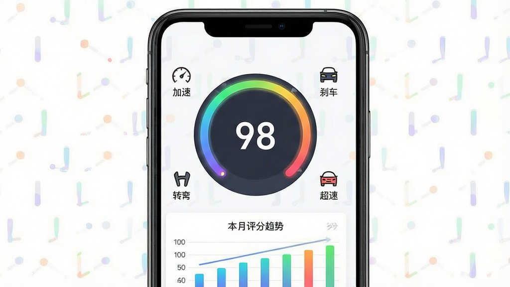 һ�ż�·��APP��ʻ���ֹ��ܽ���ͼ������Ϊ�ֻ���Ļ����Ļ������ʾһ������Բ�������Ǳ��̣�����Ϊ98�֣���Χ���ĸ�Сͼ��ֱ�������١�ɲ����ת�䡢���٣����־��жԳƣ��Ű�������ݿ��ӻ����ϸ�ڰ�����ɫ����ɫ����ײ��������������ơ���״ͼ�������������޶���Ԫ��