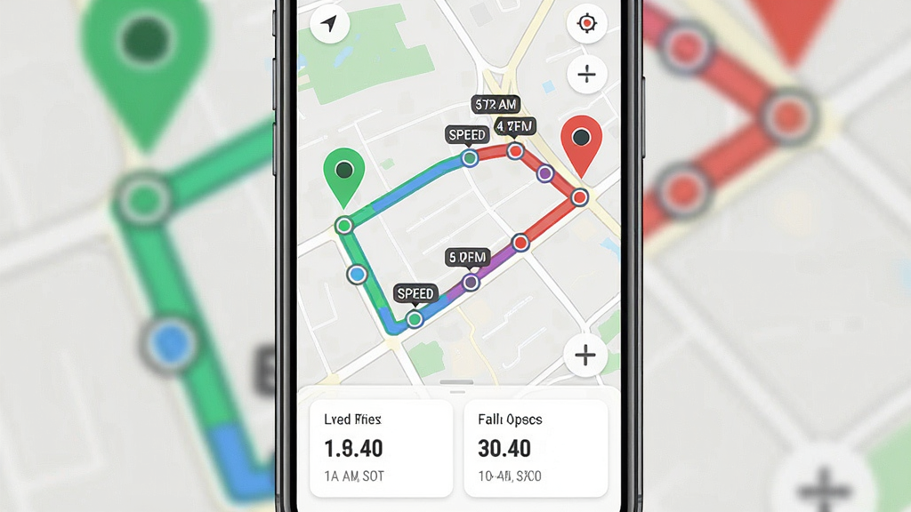 һ�ż�·��APP�켣�طŽ���Ľ�ͼ���������ֻ�������ʾ����ͼ����һ����ɫ�Ӵֵ���ʻ�켣�ߣ��������ɫ��ǣ��յ��к�ɫ��ǣ������·����г����ݿ�Ƭ�������Ե�ͼΪ���壬�Ű����������Ϊ��ƽ��UI��ƣ�ϸ�ڰ����켣�ϵ��ٶ�СԲ����ʱ���ǩ�����ʸɾ��������޶���Ԫ��