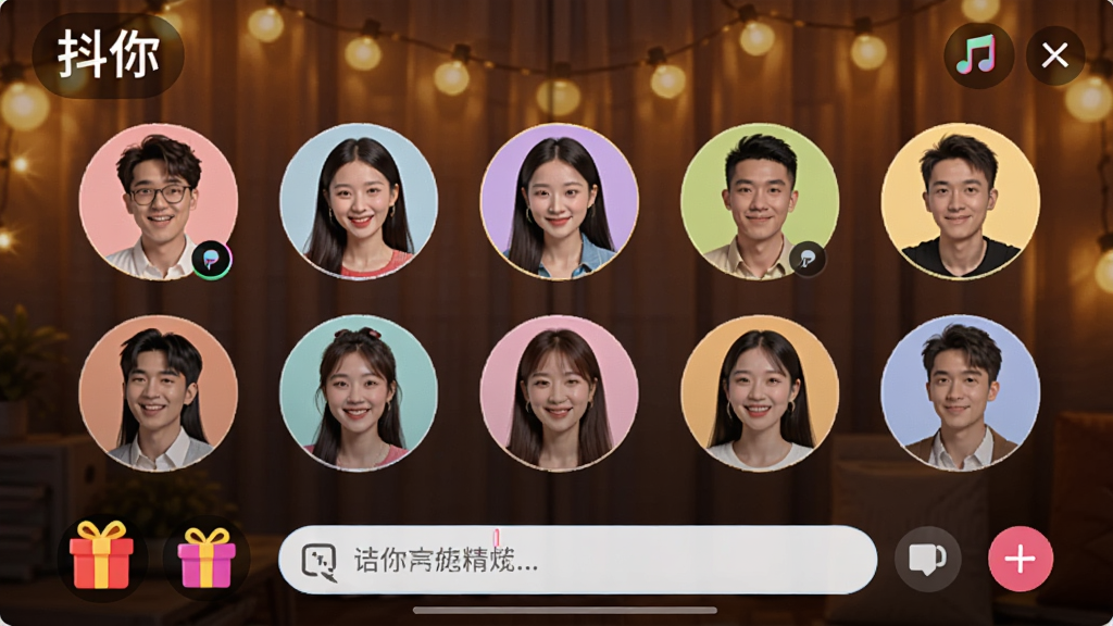 展示“抖你”语音派对房间界面,屏幕中有多人语音头像排列,底部有礼物和文字输入框,背景为暖色灯光效果,布局合理,风格活泼,画质清晰,无多余元素。