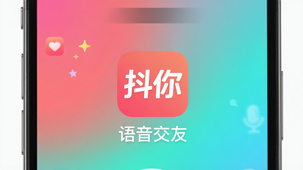 图片展示“抖你”软件主界面,手机屏幕中央显示“抖你”logo和“语音交友”字样,背景为渐变色,整体风格清新活泼,排版简洁,画质高清,干净无多余元素。