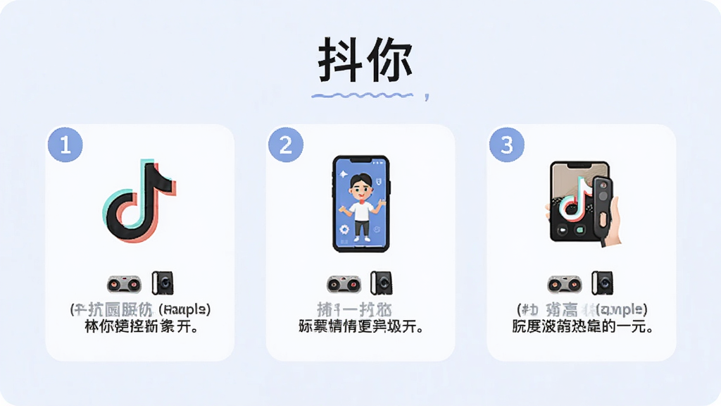 图片展示“抖你”使用教程步骤图,分为3步,每一步配有图标和文字说明,整体风格简洁清晰,画质干净,无多余元素。