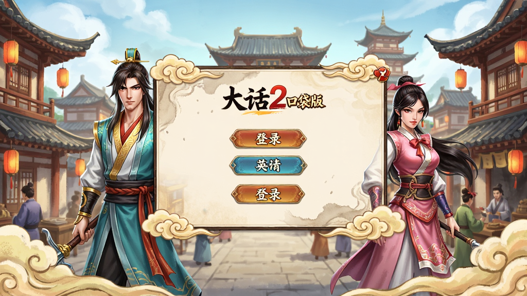 主体:大话2口袋版游戏登录界面,展示经典的大话西游2角色,如逍遥生、英女侠,背景为长安城繁华景象。布局:画面中央为登录窗口,边缘有祥云缭绕,整体呈对称构图。排版:界面简洁清晰,按钮排列有序。风格:浓郁的中国古典水墨风,色彩鲜艳,细节精致。细节:角色衣着纹理清晰,建筑飞檐翘角,画面干净无多余元素。画质:4K超高清,光影自然,色彩饱和度高。