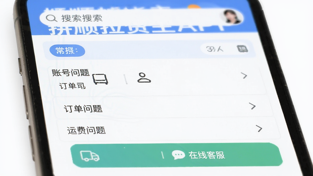拼顺拉货主APP的客服帮助界面,显示常见问题列表和在线客服按钮,页面顶部有搜索框,下方有“账号问题”、“订单问题”、“运费问题”等分类,界面简洁清晰,风格扁平化,画质干净,无多余元素