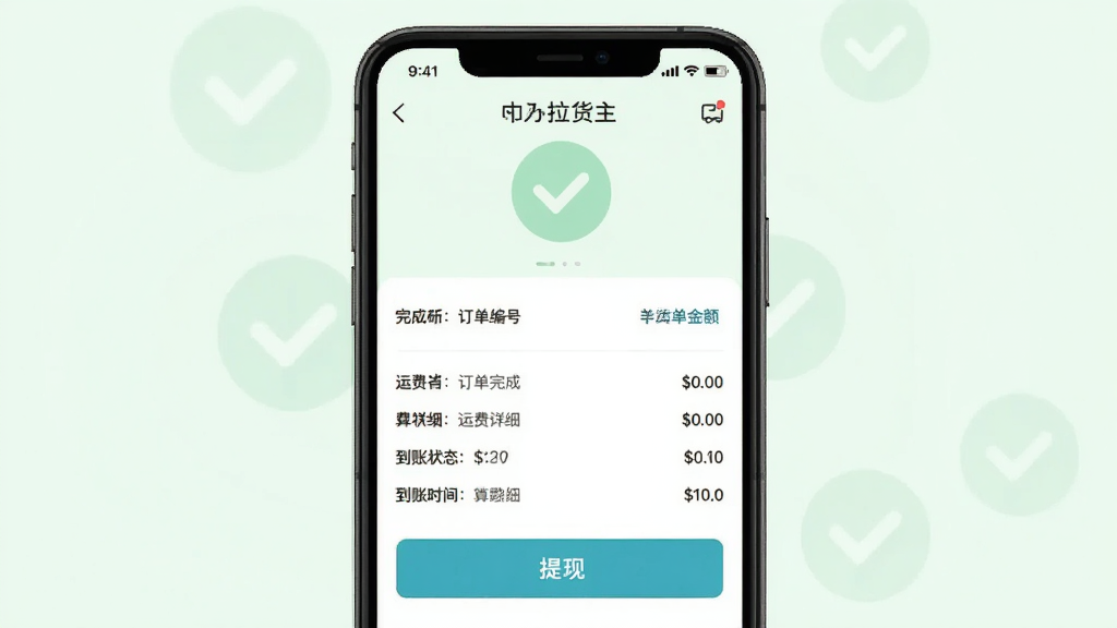 拼顺拉货主APP的运费结算界面,显示订单完成后的运费金额、结算状态和提现按钮,页面包含订单编号、运费明细、到账时间等信息,背景为淡绿色对勾图标,界面清晰,风格简洁,画质干净,无多余元素
