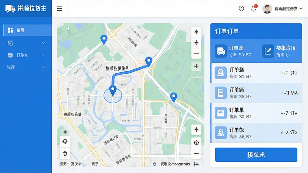 一张展示拼顺拉货主软件主界面的高清截图,界面包含地图导航、订单列表、接单按钮等核心功能模块,整体风格简洁现代,以蓝色和白色为主色调,图标清晰醒目,布局合理,画质干净,无多余元素