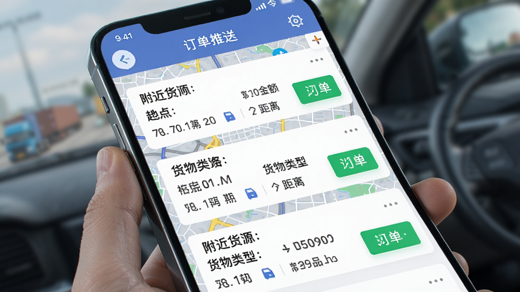 拼顺拉货主APP的订单推送界面展示,手机屏幕上显示附近货源列表,每条订单包含起终点、货物类型、运费金额和距离信息,界面列表清晰,带有绿色“抢单”按钮,背景为城市地图,画质精细,风格写实,无多余元素