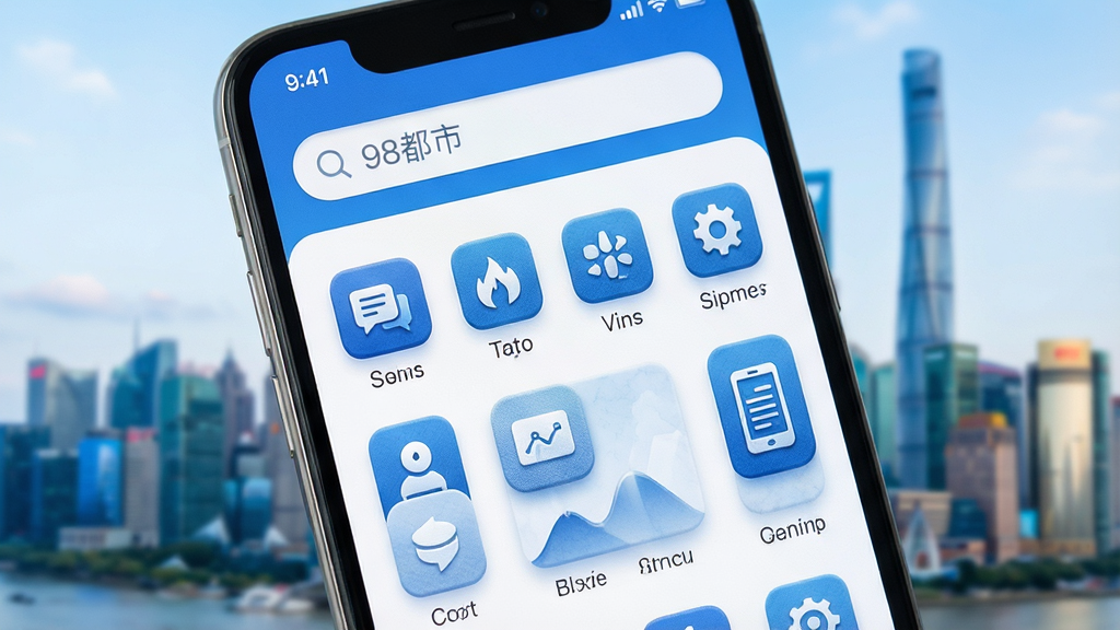 一张智能手机屏幕特写,屏幕中央显示“98都市”APP主界面,界面清晰展示顶部搜索栏和下方功能图标网格,背景为模糊处理的现代城市天际线,布局以界面截图为视觉主体,采用蓝白主色调,风格清爽明亮,细节强调UI图标的精致质感,画质高清干净,无多余元素。