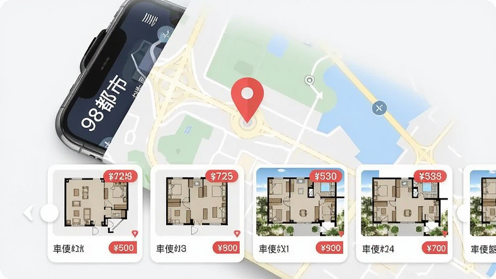 一幅手机应用界面的俯视图,应用名为“98都市”,屏幕展示着带有红色坐标标记的地图找房模式,下方横向滑动显示房源卡片,每张卡片包含户型图和价格标签,布局规整,风格现代扁平化,强调地图与卡片间的交互逻辑,画质清晰干净无冗余装饰。