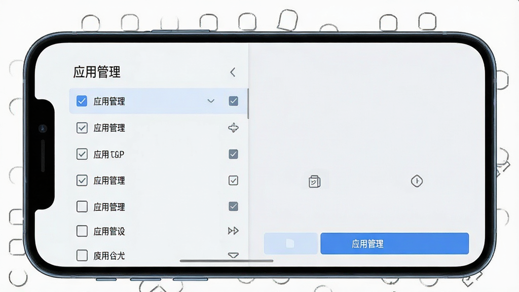 多系统工具箱操作界面演示图,主体为手机横屏展示,屏幕显示应用管理列表,布局为左右分栏,排版清晰,风格浅色背景,细节包含勾选复选框和按钮,画质干净,无多余元素,文字标注“应用管理”
