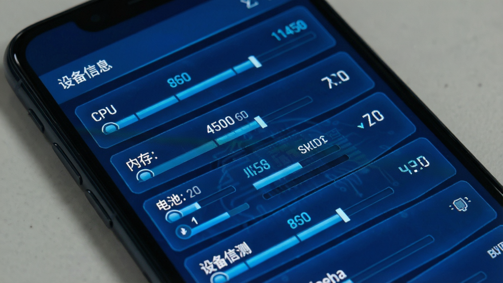 多系统工具箱硬件检测功能截图,主体为手机屏幕特写,屏幕显示CPU、内存、电池等参数列表,布局为纵向信息流,排版规整,风格科技感蓝色调,细节包含进度条和数值,画质清晰,无多余元素,文字显示“设备信息”
