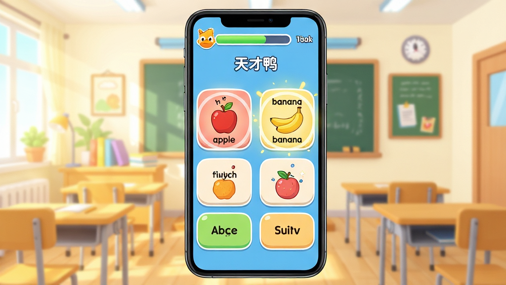 ���壺�ֻ��������棬��ʾ���Ѽ���ʴ�����Ϸ���棬���������ĸ�ѡ�ť��ÿ����ť���в�ͬ�ĵ��ʺ�ͼƬ�����֣��ֻ�λ�ڻ������룬�����������Ľ��һ��鷿�������Ű棺��Ϸ���������ˣ������н������͵÷֣��·����ĸ�Բ�Ǿ��ε�ѡ���񣺿�ͨ�����ƽ����ϣ�ɫ�ʻ��á�ϸ�ڣ�ѡ�ť���С�apple������banana���ȵ��ʺͶ�Ӧˮ��ͼƬ��ѡ��ʱ����Ч��Ȧ�������С����Ѽ��Ʒ�Ʊ�ʶ�����ʣ����壬�ɾ����޶���Ԫ�ء�