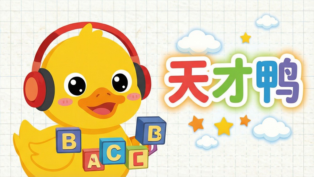 ���壺�ɰ��Ļ�ɫСѼ�ӿ�ͨ���󣬴��ź�ɫ��������ǰ�����Ŷ�ʵ�Ӣ����ĸ���顣���֣�Ѽ��λ�ڻ�������ƫ���Ҳ���������չʾ�����Ѽ��������ɫ�����ֱ��⣬�·���׺���Ǻ��ƶ䡣�Ű棺�����ִ����Ŀ����������͵Ĺ��Σ������Ӿ�����ͻ������񣺱�ƽ����ͯ�廭���ɫ���������ޣ�����ͯȤ��ϸ�ڣ���ĸ��������A��B��C����ĸ��Ѽ���۾�����鶯�����΢Ц�������е���������ֽ���������ʣ����壬�ɾ����޶���Ԫ�ء�