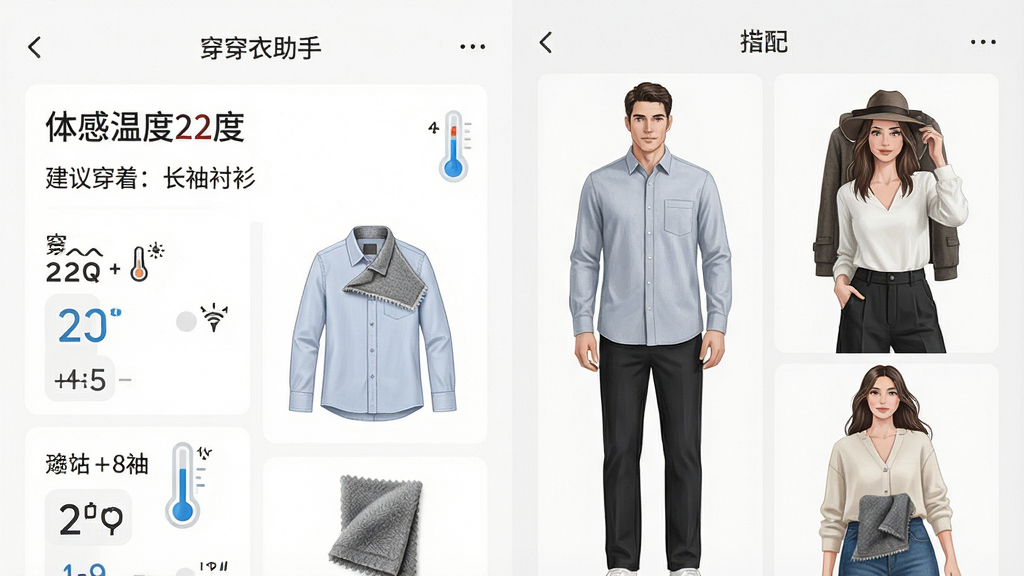 一张功能展示图,主体是温度计(穿衣助手)的穿衣指数详情页,页面以信息流形式展示“体感温度22度”、“建议穿着:长袖衬衫”等文字,并配有男士和女士的穿搭示意图。布局为左右分栏,左侧是数据,右侧是搭配图,排版清晰,风格清新简约,细节展示衣物材质与厚度,画质清晰干净,无多余元素。