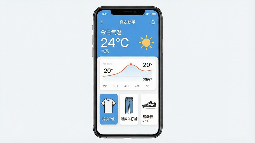 一张手机应用界面的高清预览图,主体是温度计(穿衣助手)的主界面,显示今日气温24摄氏度,天气晴朗图标,界面下方有“短袖T恤”、“薄款牛仔裤”、“运动鞋”的穿衣推荐卡片。布局为手机竖屏居中展示,排版简洁清新,风格扁平化现代设计,细节包含温度曲线图和湿度数据,画质细腻干净,无多余元素。