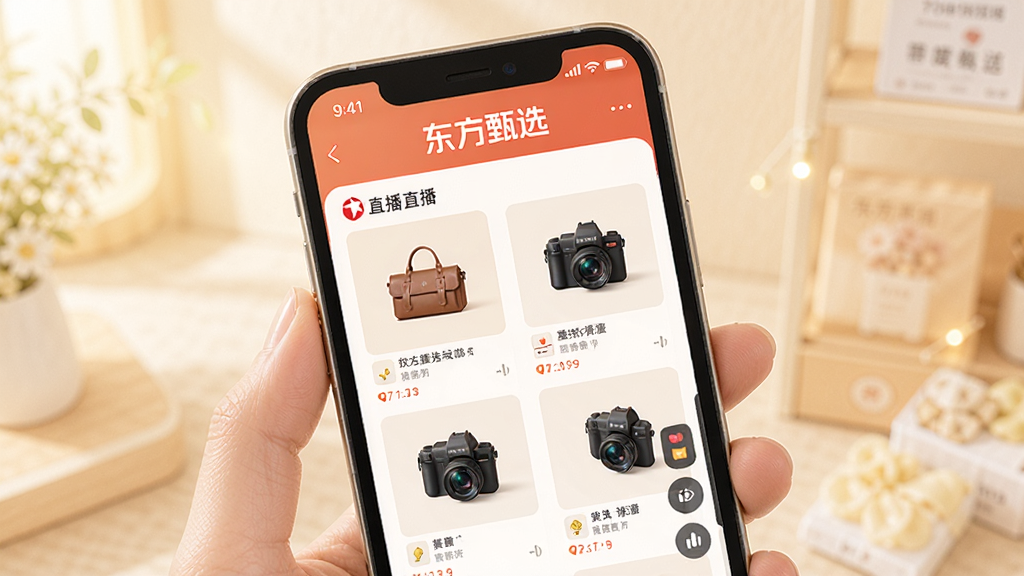 ������ѡapp������չʾ���ֻ���Ļ�г�����Ʒ�ٲ�����ֱ����ڣ��Ϸ��С�������ѡ��Ʒ��logo���������������������ּ�࣬����ůɫ����������Ⱦ���ɾ��޶���Ԫ��