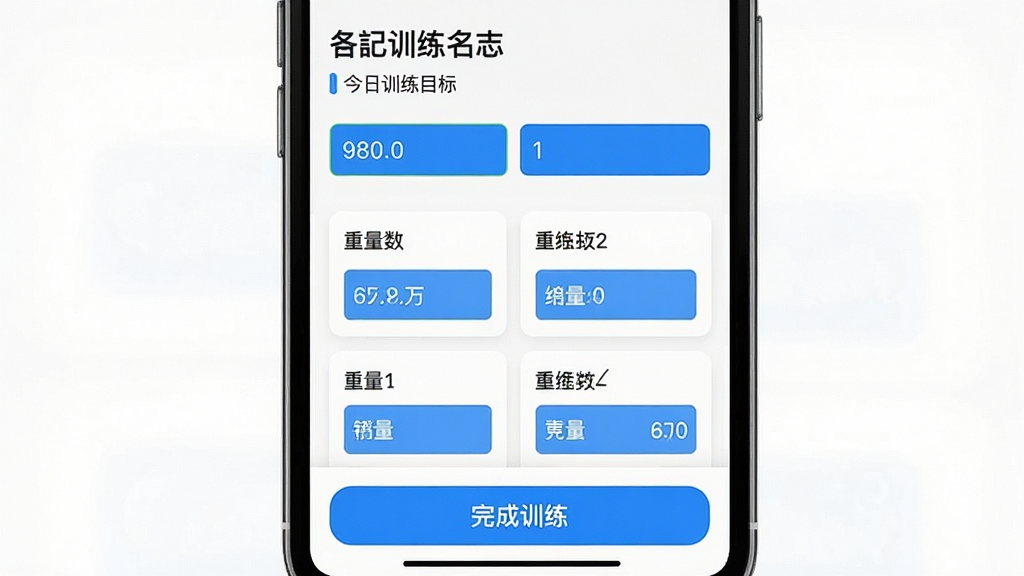 训记App的训练日志界面截图风格展示,主体为手机UI界面放大图,布局以上下结构排列,上方是动作名称与今日训练目标,下方是整齐排列的组数记录卡片,每张卡片上清晰标注着重量与次数。风格为扁平化UI设计,细节包含蓝色高亮的数据输入框与底部的「完成训练」按钮,画质干净清晰,无多余元素。
