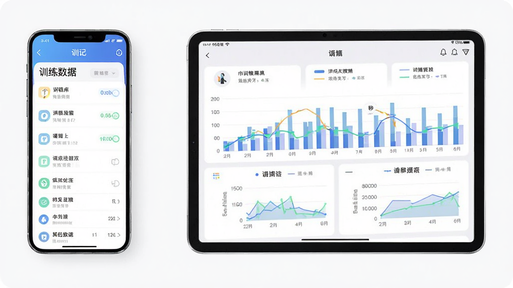 训记App在手机与平板上的适配对比图,主体为左右分屏构图,左侧是手机竖屏显示训练数据列表,右侧是平板横屏显示详细的图表统计面板。风格为现代科技感渲染图,布局清晰展示不同屏幕下的界面优化,细节包含两边的设备边框高光,画质干净,无多余元素。