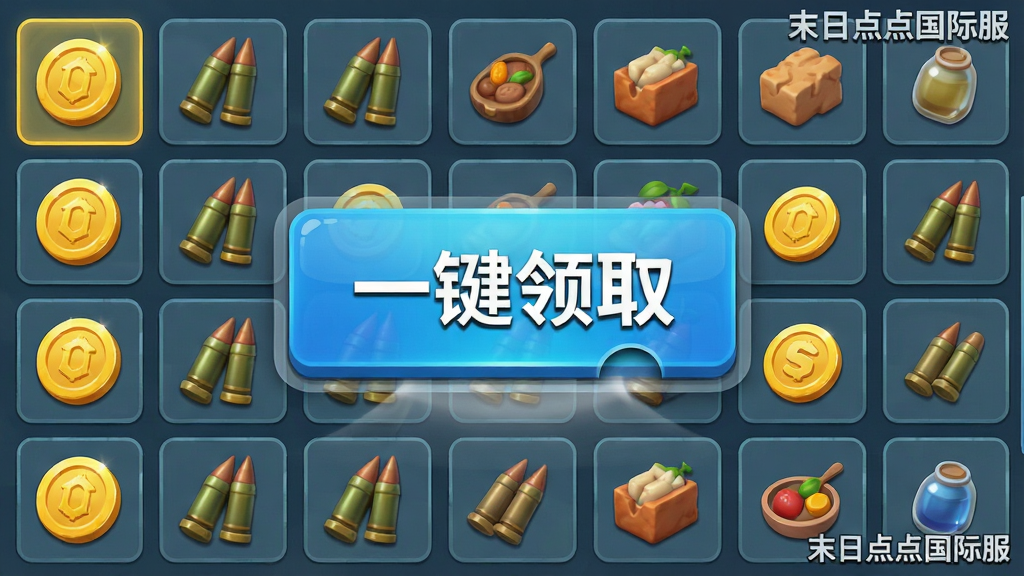 游戏内截图风格图片,主体是基地资源收集界面,金币、弹药、食物图标整齐排列,中央有巨大的“一键领取”按钮,布局规整,排版清晰,风格明亮简洁,细节包括资源图标的立体光泽与按钮的按下效果,画质高清,干净无多余元素,文字标注“末日点点国际服”。