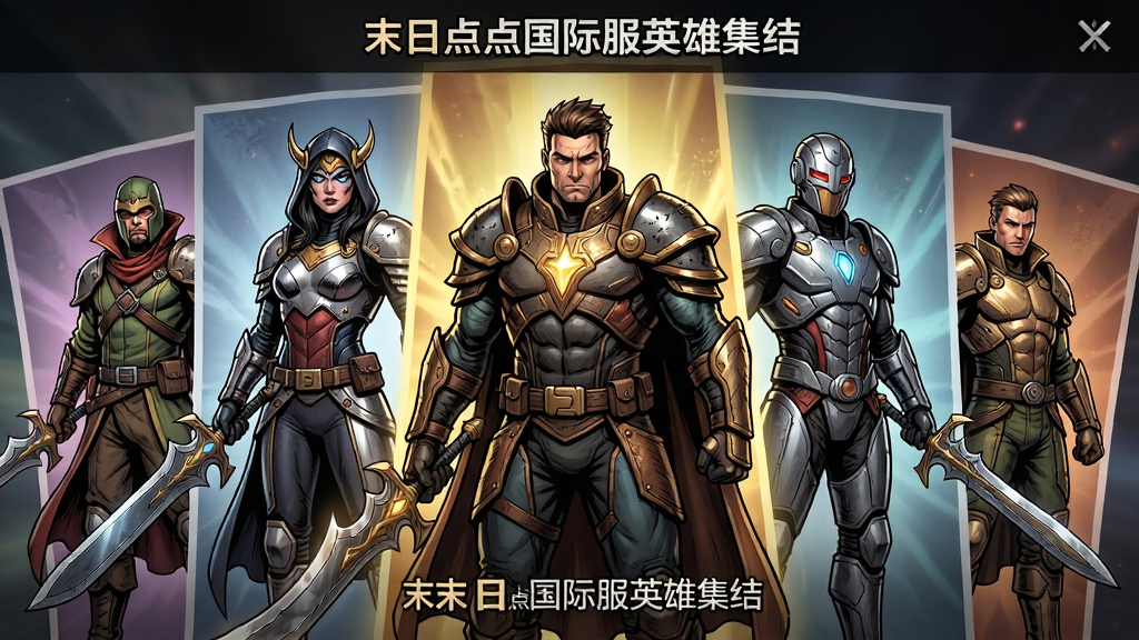 英雄展示界面图片,主体是五位不同职业的英雄角色立绘,呈扇形排列,中央为稀有度最高的传说英雄,布局采用对称式,排版大气,风格为美式漫画风,细节包括角色服装纹理与武器光泽,画质高清,干净无多余元素,文字标注“末日点点国际服英雄集结”。