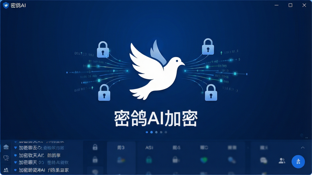 一张展示密鸽AI加密软件主界面的高清截图,界面以深蓝色为主色调,中央有一个白色鸽子图标,周围环绕着锁形与数据流线条,下方显示“密鸽AI加密”字样与加密聊天列表,整体风格现代简洁,科技感强,画质清晰干净,无多余元素。