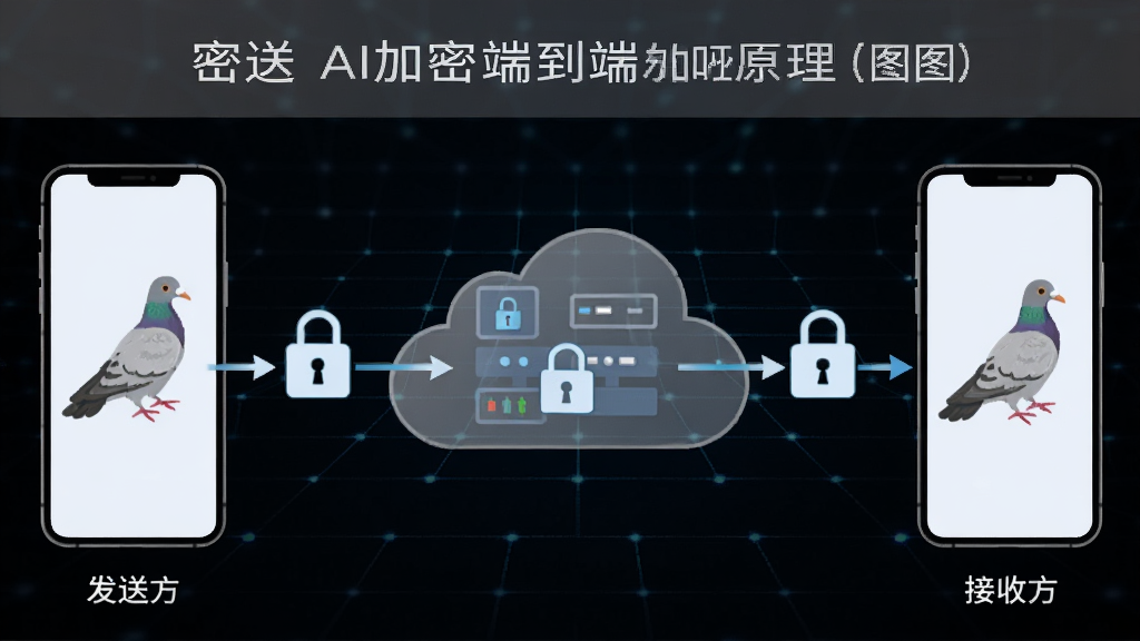 一张展示密鸽AI加密端到端加密原理的示意图,左侧为发送方手机,右侧为接收方手机,中间云端服务器以半透明云朵表示,数据在两端以锁形图标加密传输,背景为深色科技网格,整体构图清晰易懂,风格简洁,画质高清,无多余文字。