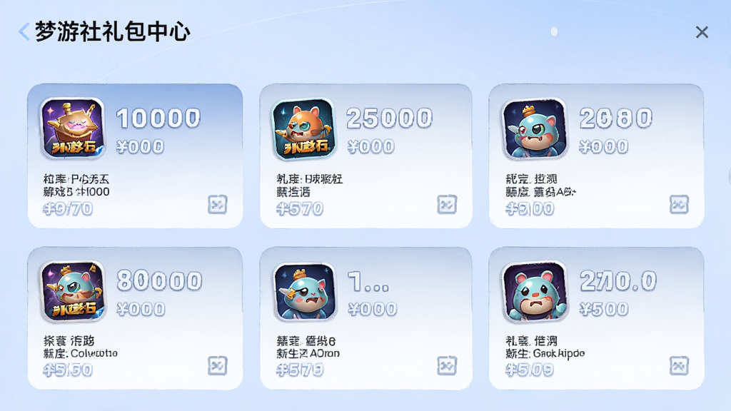 梦游社礼包中心界面截图,展示多个游戏礼包卡片,每个卡片有游戏图标和礼包内容,背景为淡蓝色,界面清爽,文字清晰,高画质,无多余元素
