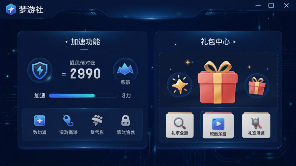 梦游社软件主界面预览图,展示加速功能面板和礼包中心,界面采用深蓝色科技风格,图标清晰,布局简洁,整体画面干净明亮,高画质,无多余元素