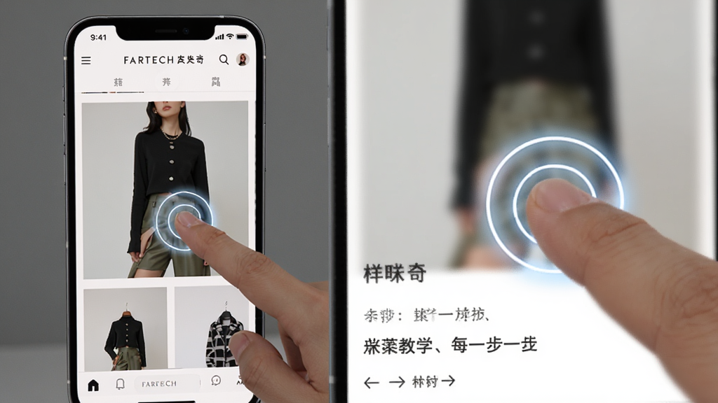 主体:FARFETCH发发奇APP的手机操作界面,手指正在点击商品图片。布局:手机占据画面左侧,右侧为放大的商品详情页截图。排版:对比展示操作步骤。风格:教学风格,清晰直观。细节:手指点击位置有高亮光圈,界面元素清晰。画质:高清,干净,无多余元素。