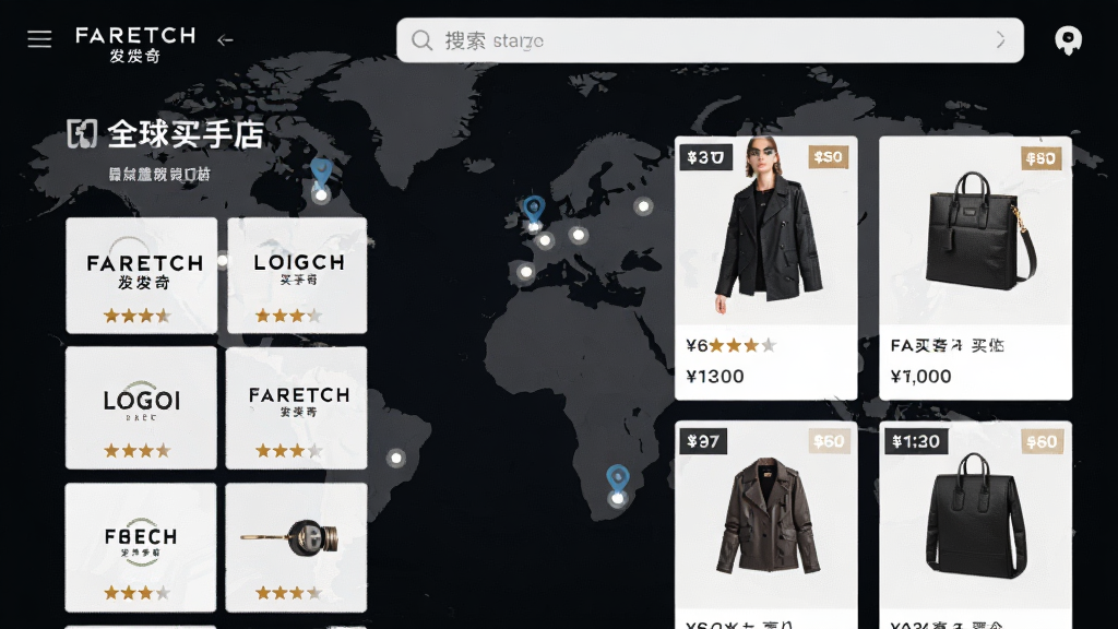 主体:FARFETCH发发奇APP的“全球买手店”页面,展示多个国家买手店的LOGO与代表商品,背景为世界地图轮廓。布局:页面左侧为买手店列表,右侧为商品展示,顶部有搜索栏。排版:信息层级分明,店铺卡片带星级评分。风格:商务时尚,国际化。细节:地图上分布亮点标记,商品图片带价格标签。画质:高清,干净,无多余元素。