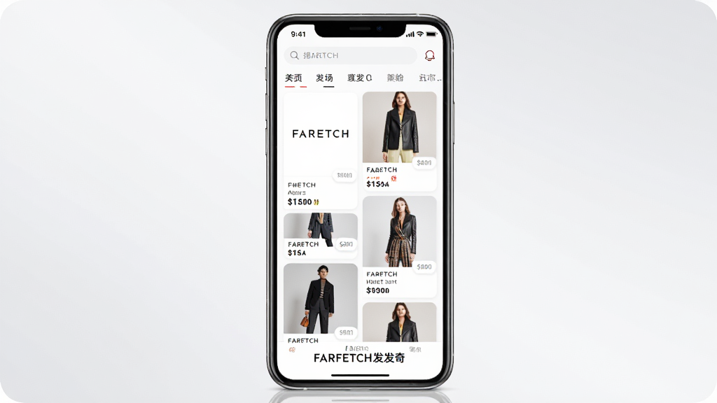 主体:FARFETCH发发奇APP界面展示,手机屏幕占据画面中心,屏幕内显示时尚服饰商品瀑布流,包含品牌LOGO与商品价格标签。布局:手机竖屏居中,背景为浅灰色渐变,四周留白,底部有平台名称“FARFETCH发发奇”字样。排版:简洁清晰,商品卡片整齐排列,顶部搜索栏与分类导航可见。风格:现代时尚,高端大气,色彩明快。细节:手机屏幕反光质感,商品图片清晰,界面元素精细。画质:4K超清,干净,无多余元素。